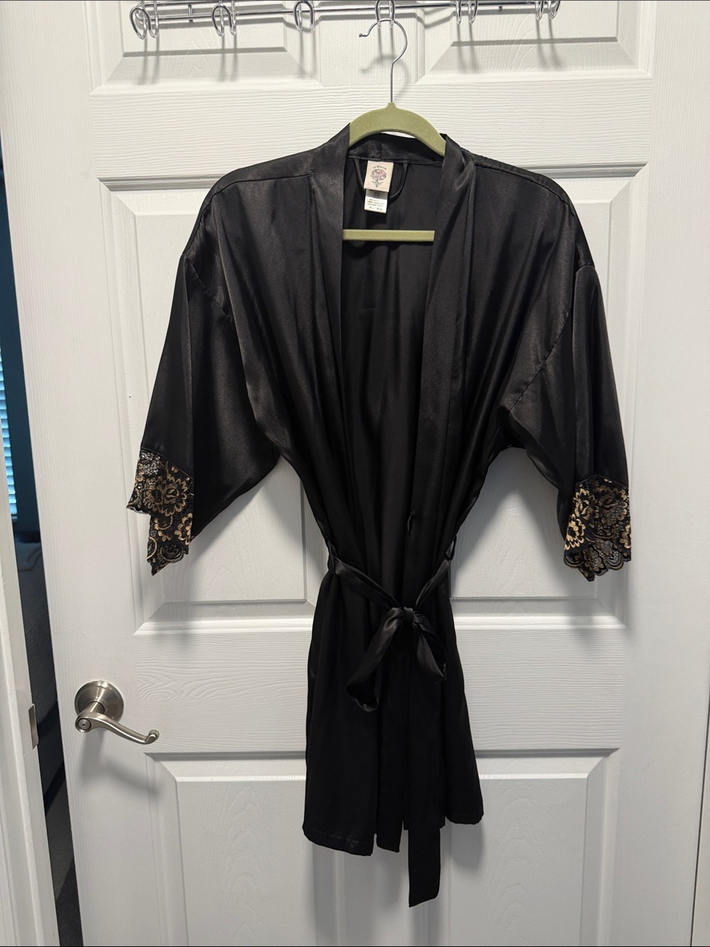 Black Satin Kimono Robe with Gold Lace Trim
